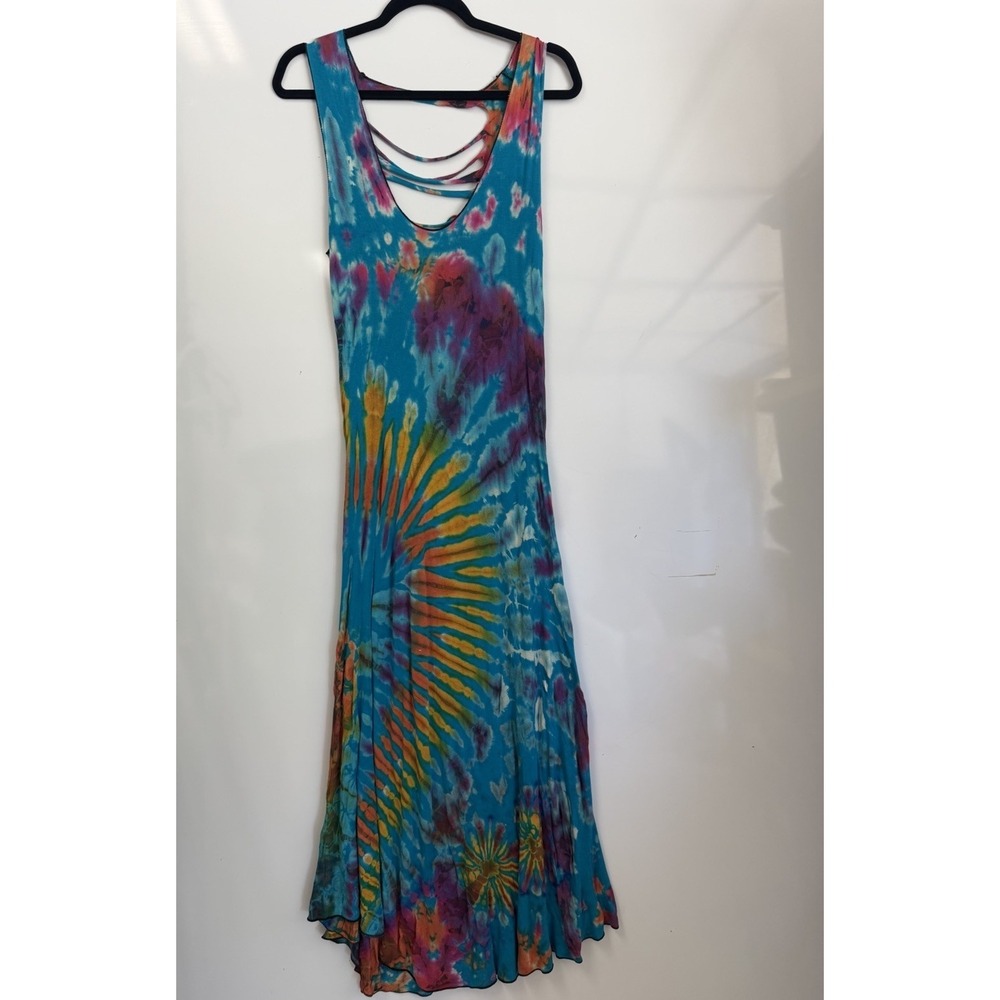 Vibrant Turquoise Multi-Color Hand-Dyed Sleeveless A-Line Sundress - Picture 2 of 8